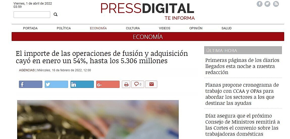 El importe de las operaciones de fusin y adquisicin cay en enero un 54%, hasta los 5.306 millones